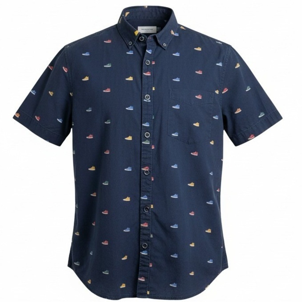Denim & Flower Shirt Mens M Navy‎ Blue Sneaker Print Short Sleeve Button Down